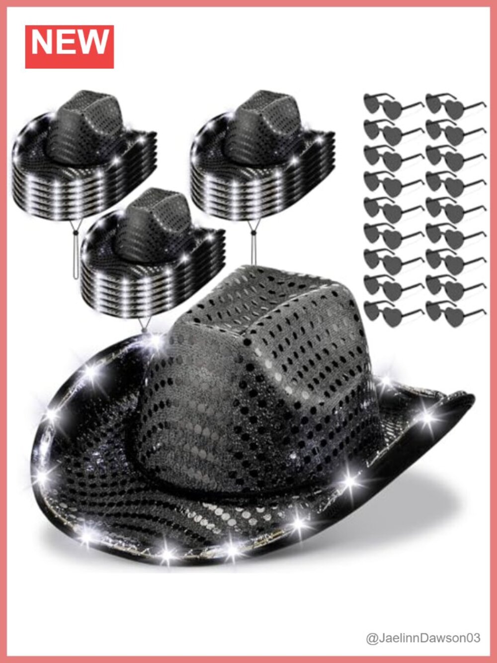 LED Cowboy Hat Set with Heart Sunglasses Sequin Costume Accessories 18 Pack